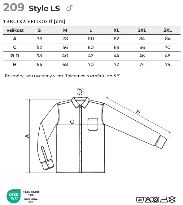 209 Style LS košile pánská Tabulka velikostí